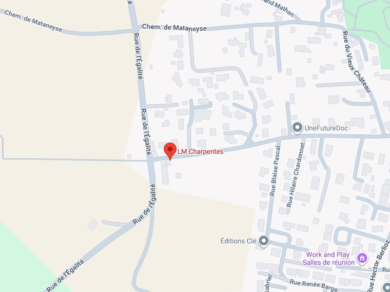 LM Charpentes : Localisation sur la Rue de l'Égalité Plan détaillant l'accès à LM Charpentes via la Rue de l'Égalité et le Chemin de Mataneyse.