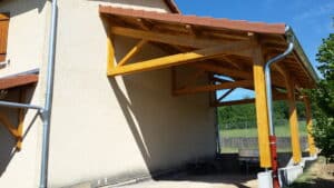 Abri de jardin en bois adossé à un mur beige avec toiture en tuiles rouges et gouttière métallique.